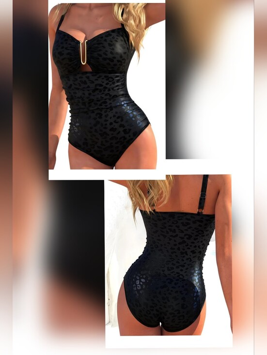 Other - Black Leopard-Print One-Piece Swimsuit with Gold Accent